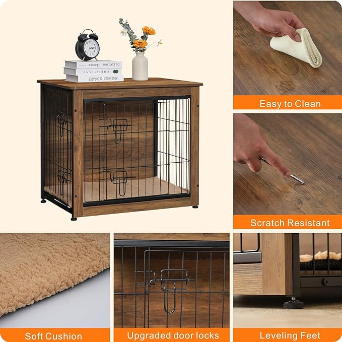 DWANTON Dog Crate Furniture with Cushion, Wooden Dog Crate with Double Doors, Dog Furniture, Dog Kennel Indoor for Small/Medium/Large Dog，End Table, Small, 27.2" L, Warm Brown