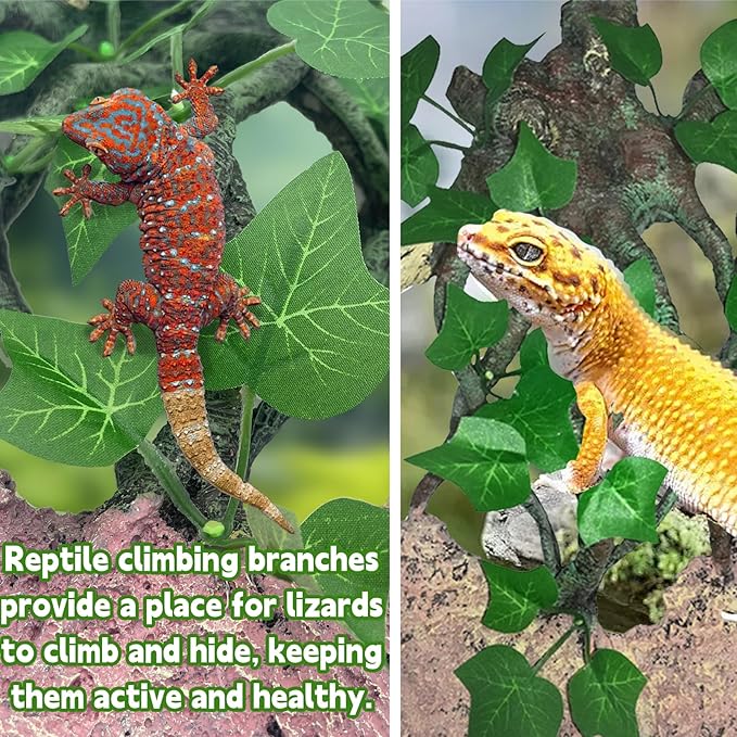 kathson Reptile Corner Branch,Rock Background Decoration Lizard Climb Branches Terrarium Plant Decoration with Suction Cup Reptile Tank Plant Ornament for Bearded Dragons Gecko Snake Spider(Green)