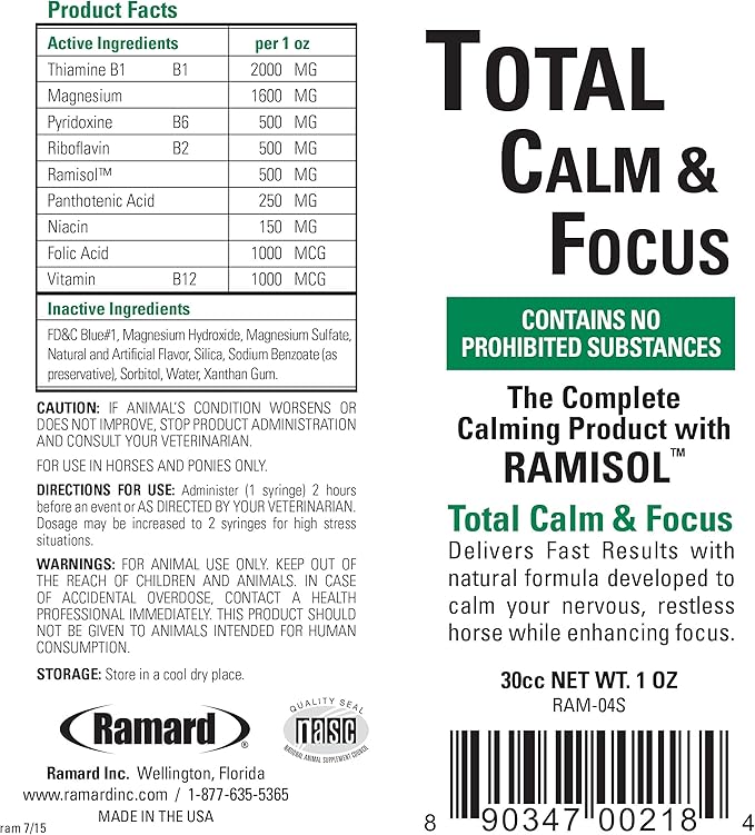 Total Calm and Focus for Horses Supplement - Magnesium & Calming Formula for Horse Show, Training, & Performance Mental Alertness without Drowsiness, Show Safe, Horses Perfect Prep 1oz Syringe