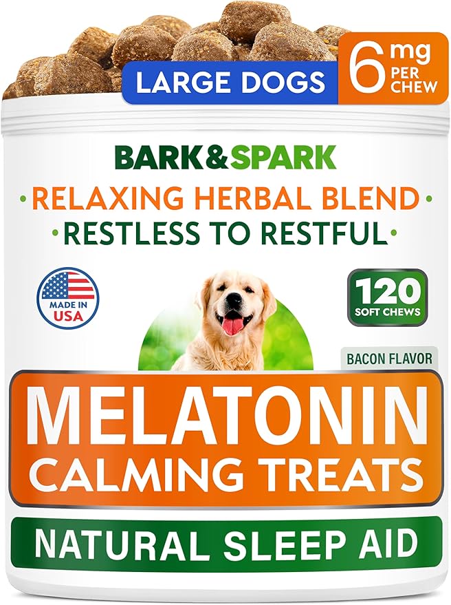 Bark&Spark Calming Melatonin for Dogs Sleep - 6mg Melatonin Chews for Small & Large Dogs Calm Aid - Calming Treats for Stress Anxiety Relief - Melatonin Chewable Pills & Tablets Puppies - Bacon