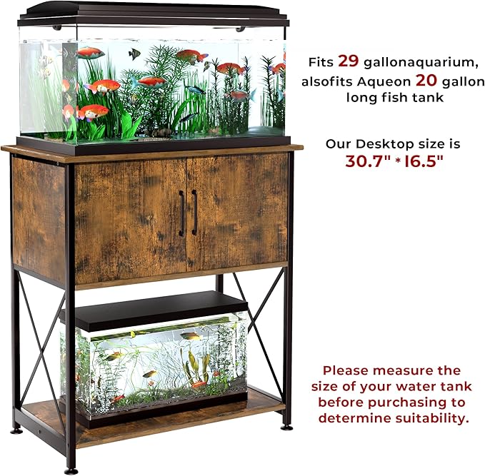 20-29 Gallon Aquarium Stand Metal Frame Fish Tank Stand with Cabinet Storage, for 20 Gallon Long Aquarium,30.7" L*16.5" W Tabletop,330LBS Capacity Rustic Brown and Black PG01YGN