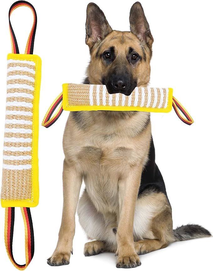 Dog Tug Toy Dog Tough Jute Bite Pillow - LastingTraining Equipment - Two Flag Handles Puppy to Large Dogs Interactive Toy war toys for aggressive chewers.