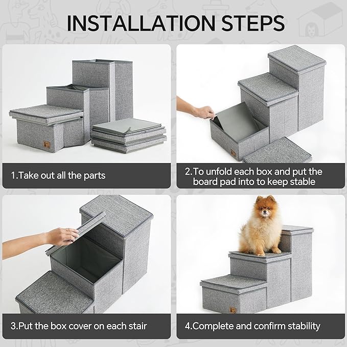 BEDELITE Dog Stairs for Small Medium or Large Dogs, 3 Tiers Dog Steps for High Bed and Couch 17" H, Foldable Pet Stairs Up to 200Lbs with Detachable Mats & Storage, Grey