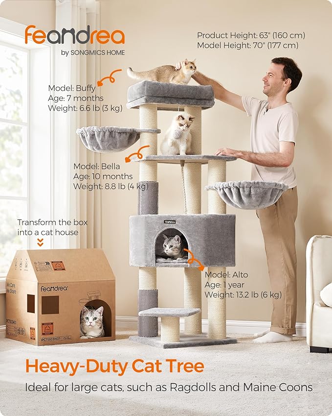 Feandrea Cat Tree for Large Cats, 63-Inch Heavy-Duty Cat Tower with Self-Warming Pads, 2 Self-Groomers, 9 Scratching Posts, Large Perch, Cave, and Baskets, Dove Gray and Cream White UPCT003N01