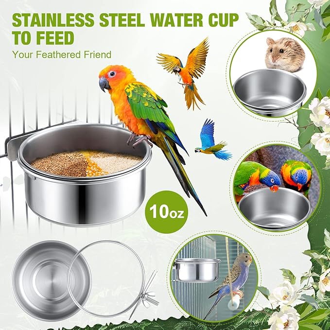 Sabary 6 Pieces Stainless Steel Pet Feeder Water Bowl 10 oz Bird Parrot Feeders Water Cage Bowls with Holder Bird Feeding Dish Cups for Bird Parrot Cockatiel Small Animal