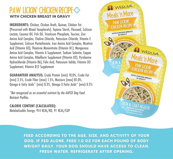 Weruva Meals 'n More Natural Wet Dog Food, Paw Lickin’ Chicken Plus Skin & Coat Health, 3.5oz Cup (Pack of 12)