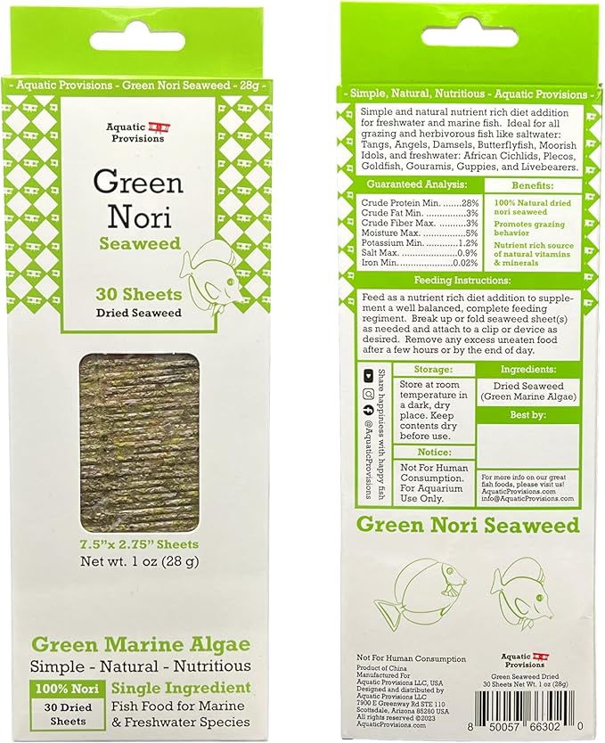Green Seaweed, 30 Sheets, 1 oz, Dried Fish Food for Marine and Freshwater Aquarium Species