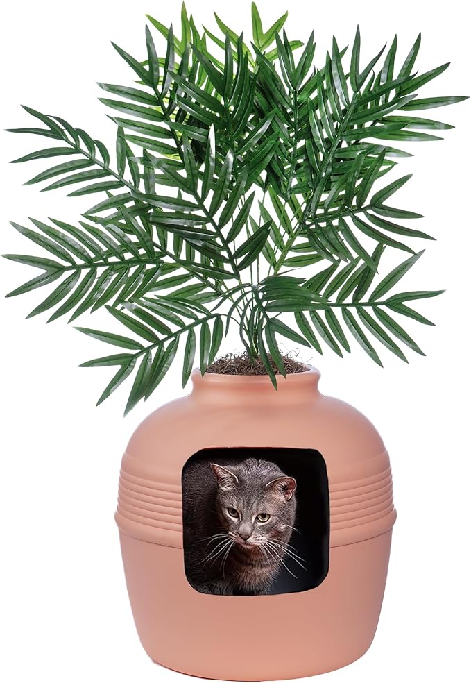 Good Pet Stuff, The Original Hidden Litter Box Base Kit, Round Enclosed Cat Litter Box Planter with Artificial Plants, Vented Carbon Odor Filter System, Florist Moss, Easy to Clean, Pink Coral