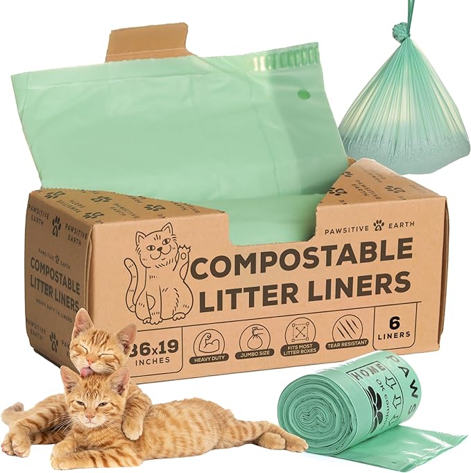 Cat Litter Box Liners 100% Compostable - Drawstring Close - 6 Count - Jumbo Size 36" x 19" - Tear & Leak Resistant - OK Compost Home Certified