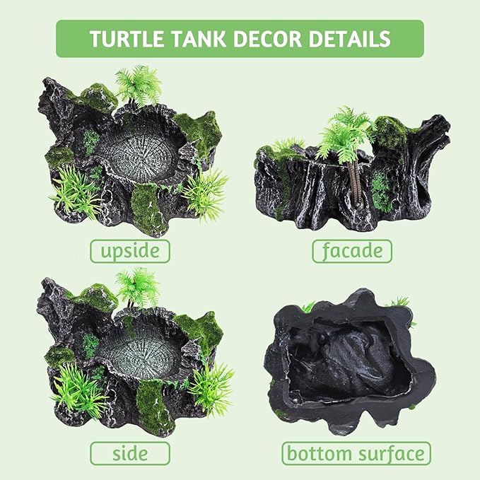 PINVNBY Resin Reptile Platform, Reptile Water Dish, Artificial Plants and Moss Reptile Food Water Bowl for Bearded Dragon, Lizard, Gecko, Turtle, Water Frog, Snake (with Moss)