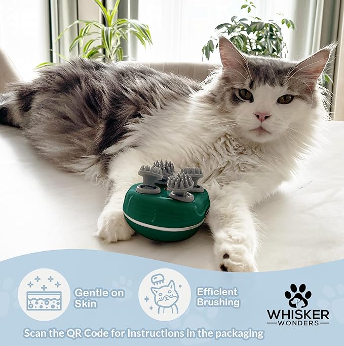 Scalp Massager Pet-Friendly Silicone Massage Brush - Soothing Head, Scalp and Body Scrubber for Pets - Cat Face Electric Sratchers - Gentle Grooming Tool for Ultimate Relaxation (Green)