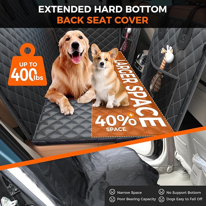 Dog Car Seat Cover for Back Seat, Waterproof Back Seat Extender for Dogs Supports 400lbs, Hard Bottom Dog Car Seat Cover with Mesh Window and Storage Pocket for Car SUV