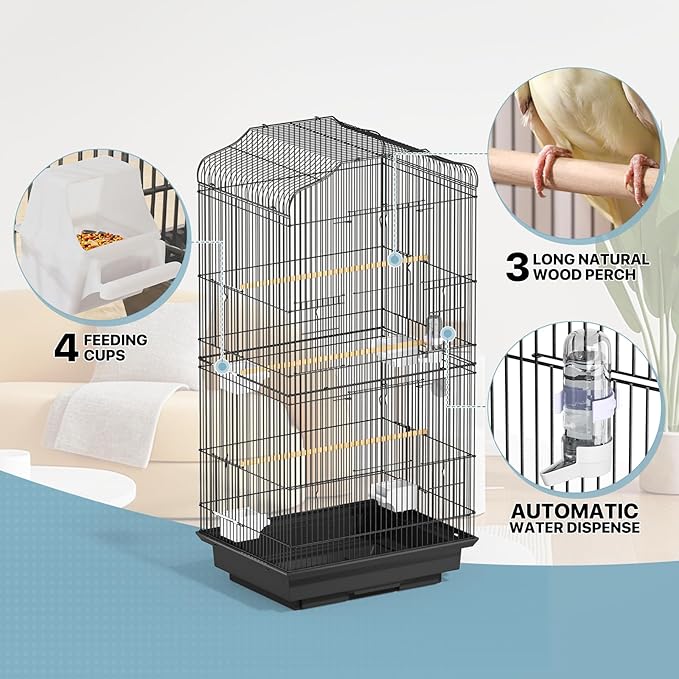 MoNiBloom 61 Inch Bird Cage with Detachable Rolling Stand, Large Flight Cage with Side-Out Tray for Parakeets Canaries Cockatiels Lovebirds Conures, Black