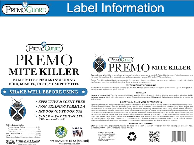 Mite Killer Spray by Premo Guard – Treatment for Dust Spider Bird Rat Mouse Carpet and Scabies Mites – Fast Acting 100% Effective – Child & Pet Safe – Best Natural Extended Protection (16 oz)