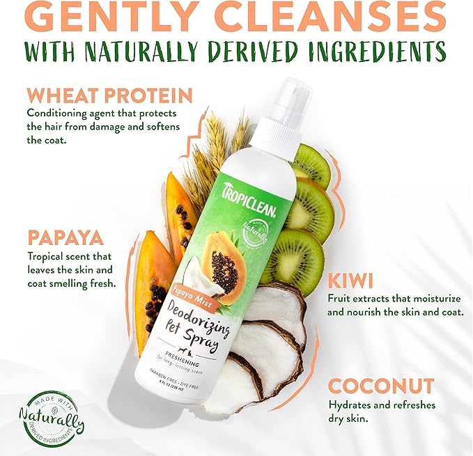 TropiClean Papaya Dog Perfume Spray Long Lasting | Naturally Derived Odor Removing Dog Deodorizing Spray | Cat Friendly | Made in USA | 8 oz.