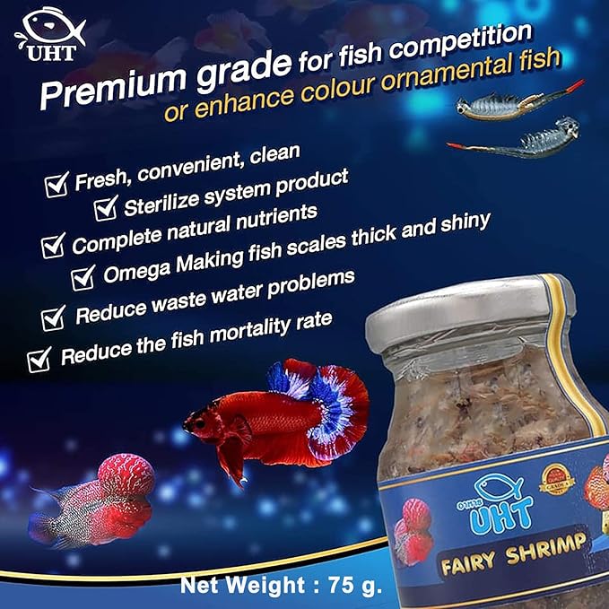 UTH Fish Food Fresh Fairy Shrimp 75 g. Best Tropical Fish Food Grow Faster & Color Enhancer Slow Sinking Like Pellets High Protein 74.41% for All Baby Fry Newborn Fish Feed & Small Fish Care