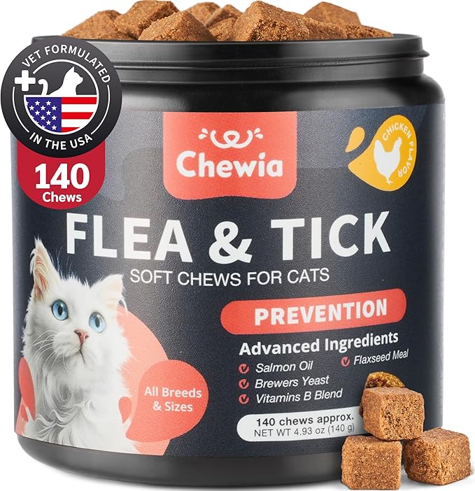 Flea Treatment for Cats - Daily Oral Cat Flea and Tick Treatment Chews - Chewable Kitten Flea Treatment - Soft Treats for All Breeds & Ages - Natural Chicken-Flavor Flea and Tick Supplement for Cats