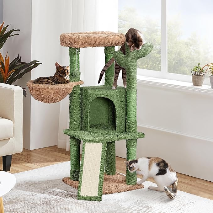 Yaheetech Cactus Cat Tree, 42in Cat Tower for Indoor Cats, Multi Level Cat Condo Scratching Post, Cat Activity Center Pet Furniture w/Ball, Plush Perch, Platform, Basket