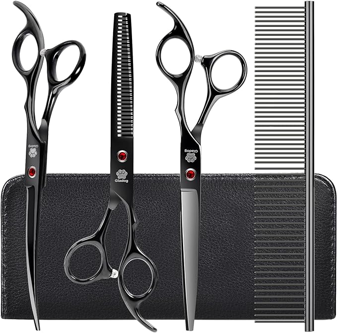 Dog Grooming Scissors Kit with Safety Round Tips, GLADOG Professional 5 in 1 Grooming Scissors for Dog and cat