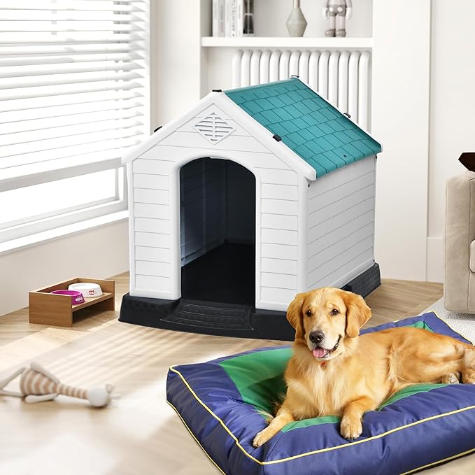 DWVO Large Plastic Dog House, Weatherproof Outdoor/Indoor Doghouse, Puppy Kennel with Air Vents and Elevated Floor, 41.3''L*38''W*38.8''H, Blue