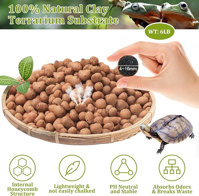 6LBS Expanded Clay Balls Terrarium Substrate for Reptiles - 100% Organic Lightweight Clay Pebbles Substrate Frogs False Bottom Substrate, Bioactive Terrarium Substrate for Drainage and Moisture