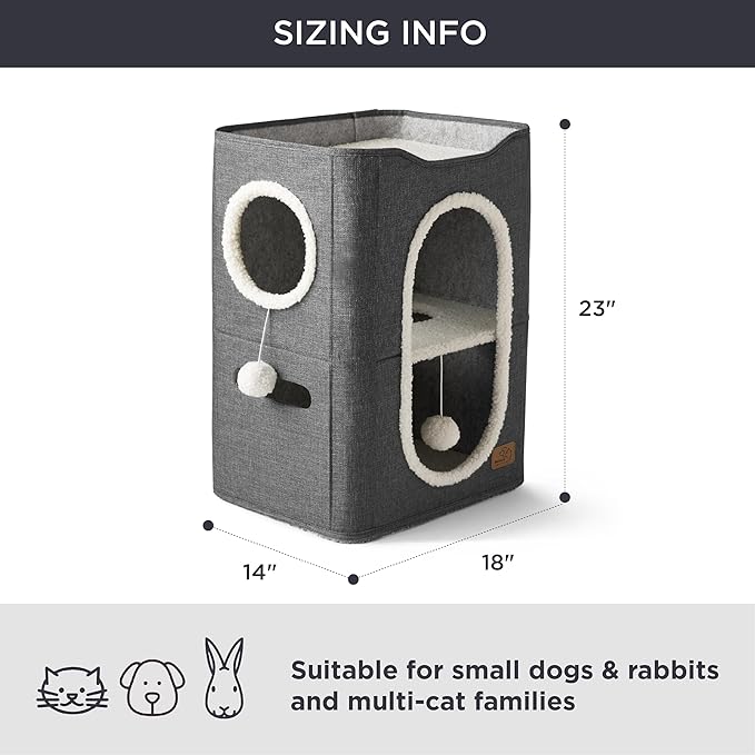 Bedsure 2-Level Cat House for Indoor Cats - Small Cat Towers with Scratch Pad and Hideaway Condo, Cat Cave Bed Furniture for Multi Pets and Large Cats, 18x14x23 inches, Dark Grey