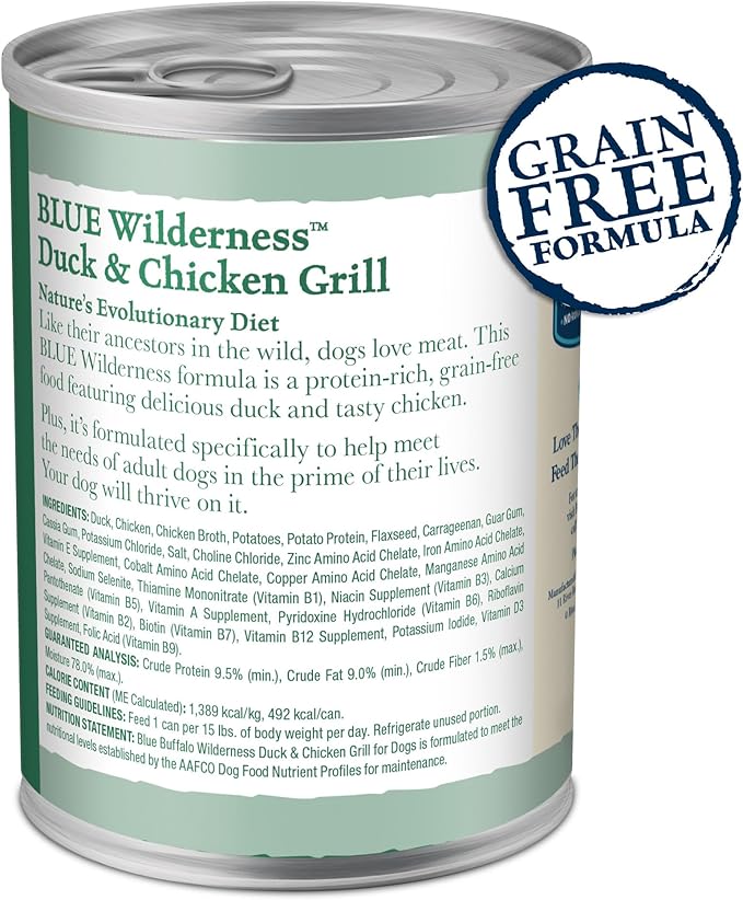 Blue Buffalo Wilderness Adult Wet Dog Food, High-Protein & Grain-Free, Made with Natural Ingredients, Duck & Chicken Grill, 12.5-oz. Cans, 12 Count