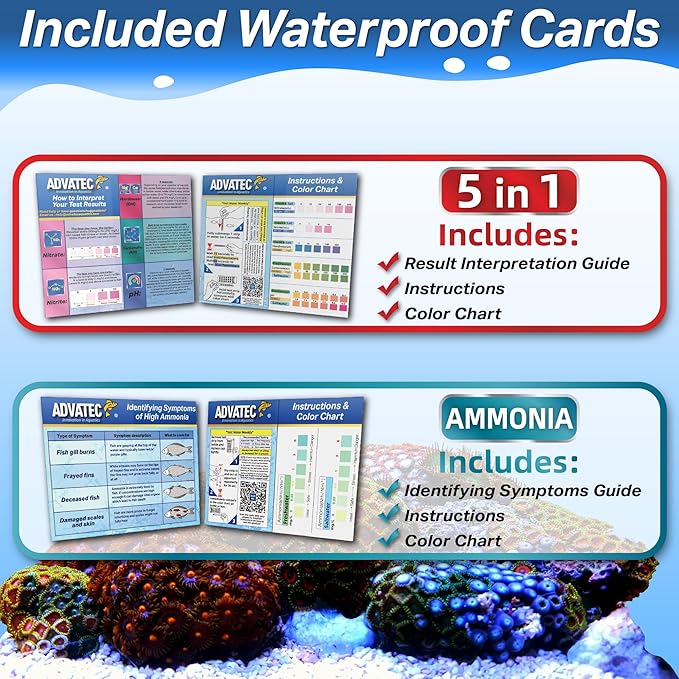 Essential Test Strip Kit - for Freshwater, Saltwater & Reef Aquariums, Test for 6 Parameters! - Fast Lab-Grade Results with Interpretation Guides! (100 Ct. - 200 Strips, 600 Tests)