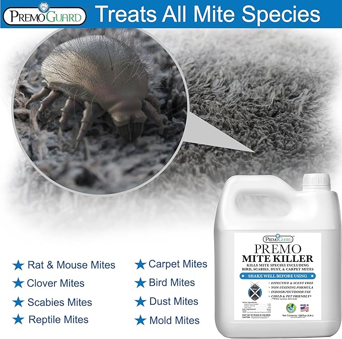 Mite Killer Spray by Premo Guard – 128 oz – Treatment for Dust Spider Bird Rat Mouse Carpet and Scabies Mites – Fast Acting 100% Effective – Child & Pet Safe – Best Natural Extended Protection
