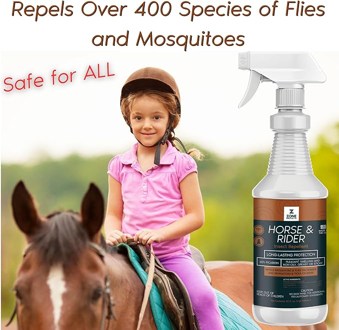 Zone Protects Horse & Rider Equine Spray with Picaridin – 32oz Trigger Spray, DEET-Free Insect Repellent for Horses and Riders, Repels Flies, Gnats, Horse Flies, Ticks, 12-Hour Protection