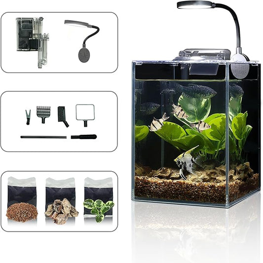 Fish Tank Aquarium 1.5 Gallon AIO Starter Kit, Including HD Float Glass Small Fish Bowl, Self-Cleaning Filter, light, Rocks, Gravel, Plants, Cleaning Tool Set.Beginner's Gift for Snails, Guppy, Shrimp