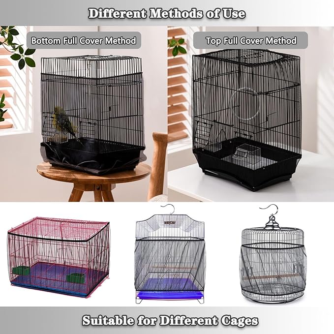 Bird Cage Seed Catcher, Bird Cage Net Cover Adjustable Bird Cage Netting Seed Catcher for Bird Cages Seed Catcher Guard Net Cover Bird Cage Skirt for Parrot Parakeet Macaw Round Square Cages - Black