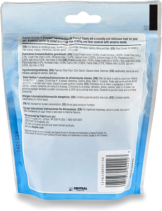 Kaytee Krunch-A-Rounds Sesame Covered Peanut Treat for Pet Rabbits, Guinea Pigs, Chinchillas, Hamsters, Gerbils, Mice and Rats, 3 oz