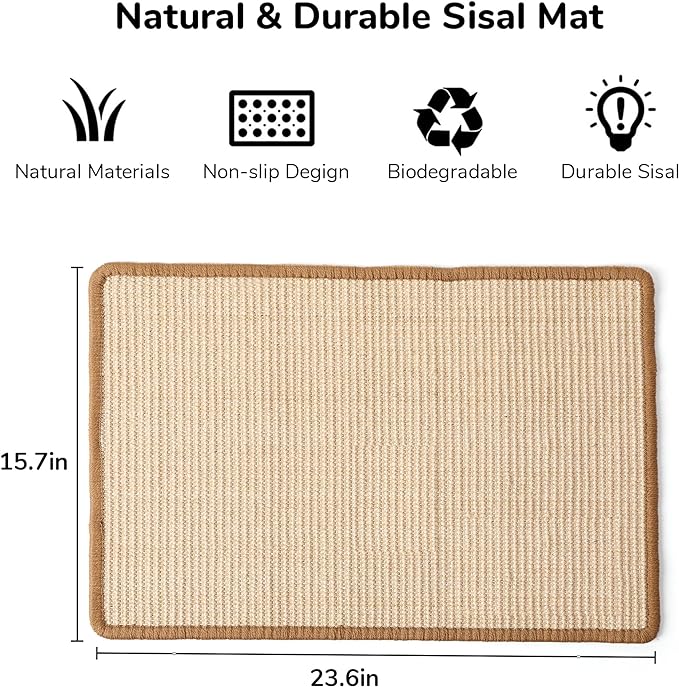 FUKUMARU Cat Scratcher Mat, 23.6 X 15.7 Inch Natural Sisal Cat Scratch Mats, Horizontal Cat Floor Scratching Pad Rug, Protect Couch and Carpets