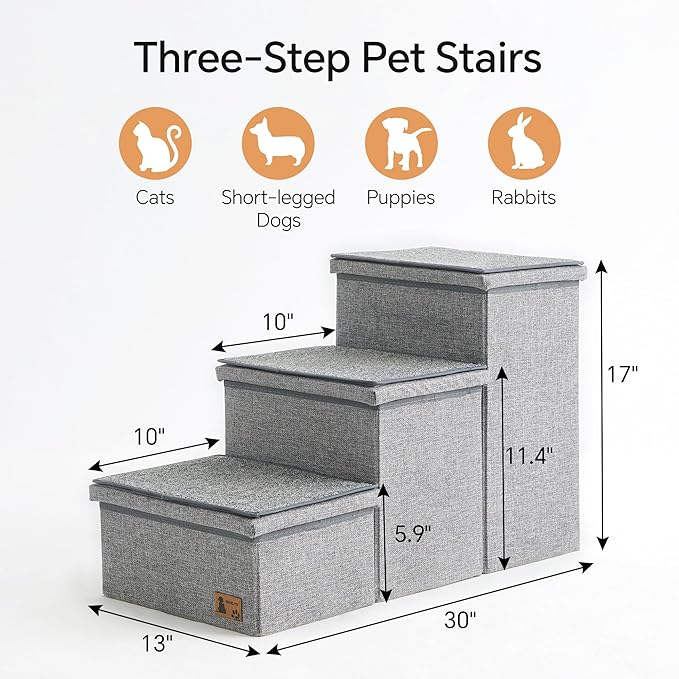 BEDELITE Dog Stairs for Small Medium or Large Dogs, 3 Tiers Dog Steps for High Bed and Couch 17" H, Foldable Pet Stairs Up to 200Lbs with Detachable Mats & Storage, Grey