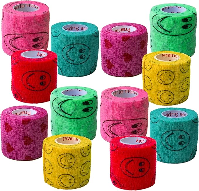 2 Inch Vet Wrap Tape Bulk (Smile Pattern in Yellow, Red, Teal, Neon Green, Neon Pink and Pink with Red Heart Pattern) (Pack of 24) Self Adhesive Adherent Adhering Flex Bandage Grip Roll Dog Cat