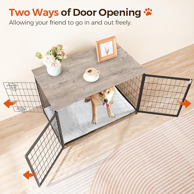 Dog Crate Furniture with Cushion, Wooden Dog Kennel with Double Doors, Heavy Duty Dog Cage for Small/Medium/Large Dogs, Indoor Dog House End Table, 39.4" L, Greige DCHG10701