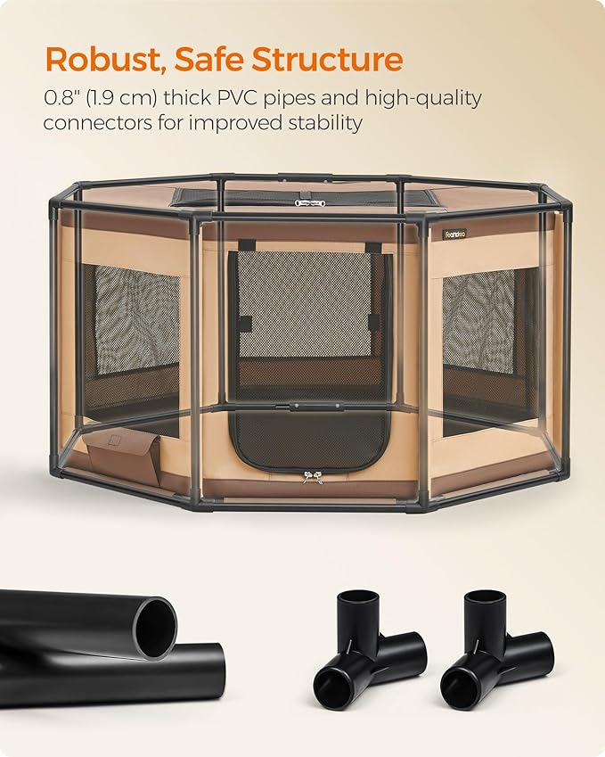 Feandrea Dog Playpen, Oxford Fabric Dog Fence, Octagon Dog Crate, L, 44.1 x 44.1 x 24.4 Inches, PVC Pipe Frame, Breathable Mesh, Double Openings, Walnut Brown and Camel Brown UPDC003K01