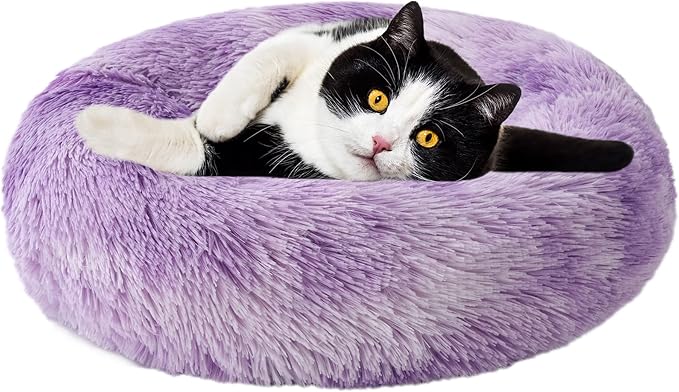 Aurako Cat Bed Dog Bed Round Cushion Pet Bed Mat Ultra Soft Plush Donut Sofa Comfortable Pillow Machine Washable Pet Cuddle Beds for Kitten Small Medium Large Dogs Cats 20" Purple and White