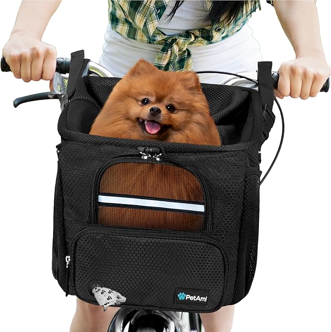 PetAmi Dog Bike Basket, Soft-sided Ventilated Dog Bike Carrier Backpack, Dog Pet Bicycle Basket for Bike Handlebar, Small Medium Puppy Cat Kitten Car Booster Seat with Safety Strap (Black)