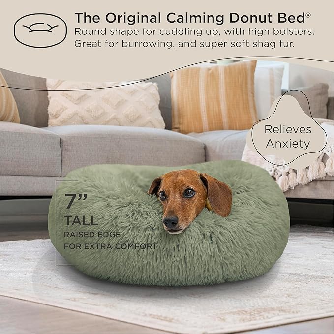 Best Friends by Sheri The Original Calming Donut Cat and Dog Bed in Shag Fur Sage, Small 23"