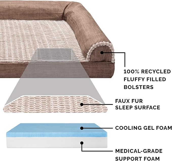 Furhaven Cooling Gel Dog Bed for Large Dogs w/ Removable Bolsters & Washable Cover, For Dogs Up to 125 lbs - Luxe Faux Fur & Performance Linen Sofa - Woodsmoke, Jumbo Plus/XXL