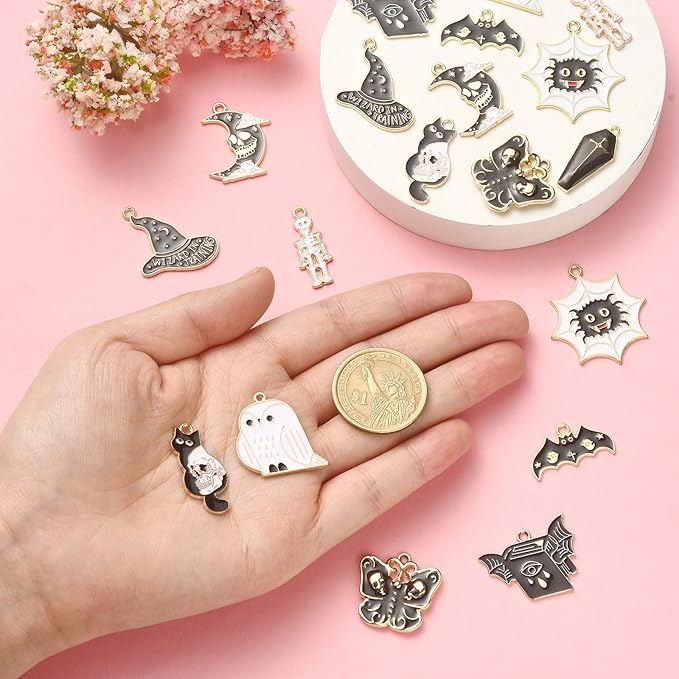 LiQunSweet 20 Pcs 10 Styles Animal Enamel Charms Book with Bat Cat Skull Skeleton for Halloween for DIY Bracelet Keychain Necklace Jewelry Making