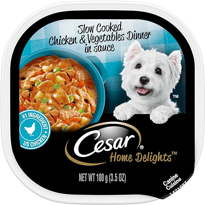 CESAR HOME DELIGHTS Adult Wet Dog Food Slow Cooked Chicken & Vegetables Dinner in Sauce, 3.5 oz. Easy Peel Trays, Pack of 24