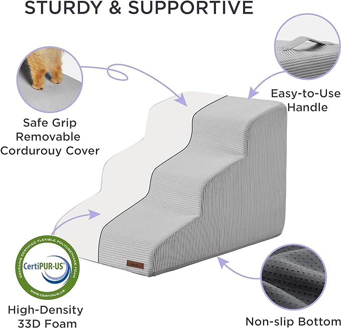 Lesure Dog Stairs for Small dogs - Dog Ramp for Bed and Couch with CertiPUR-US Certified Foam, Pet Steps with Non-Slip Bottom for Old Cats, Injured Doggies and Puppies, Glacier Gray, 2 Steps