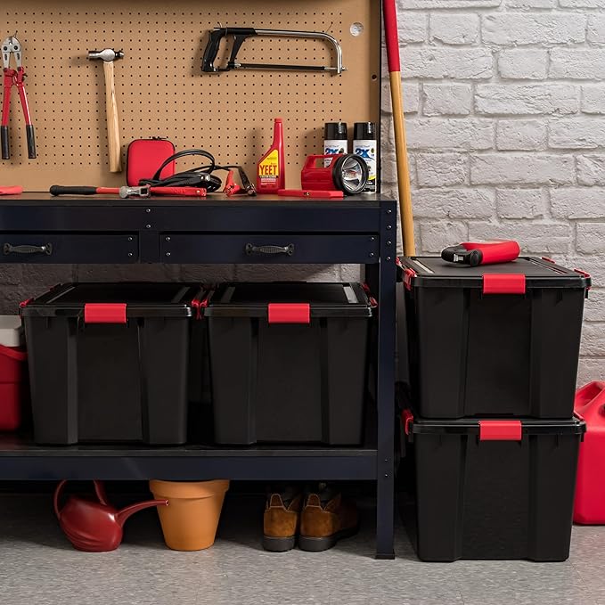 IRIS USA 74 Qt Storage Box with Gasket Seal Lid, 3 Pack - BPA-Free, Made in USA - Heavy Duty Moving Containers with Tight Latch, Weather Proof Tote Bin, WEATHERPRO - Black/Red