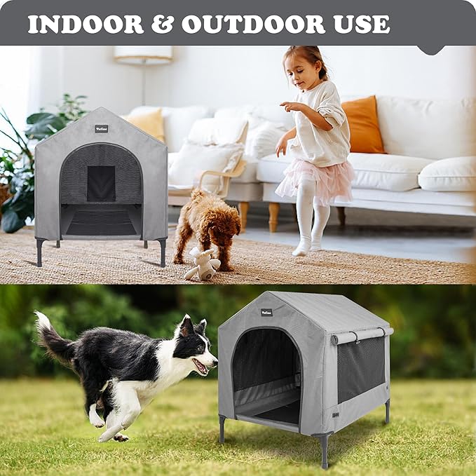 2 in 1 Dog House,Elevated Dog Bed with Removable Cover, Indoor & Outside Puppy Shelter Cot,Raised Dog Bed for Medium Dogs & Cats (Grey, Medium)