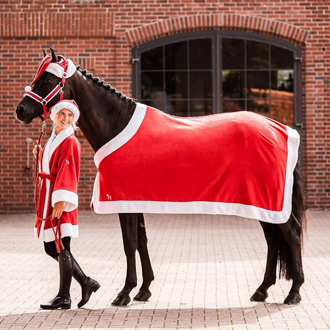 Horze Santa Christmas Fleece Horse Cooler Blanket with Faux Fur - Red - 81 in