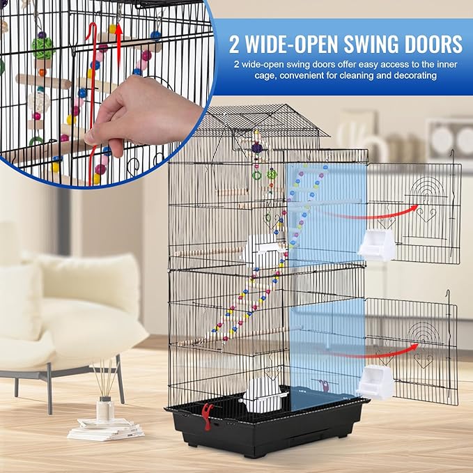 FDW 39 Inch Bird Cage Parakeet Cage with Play Top Rolling Stand & Easy Clean Pull-Out Tray Roof Top Parrot Cage for for Finches Canaries Parakeets Cockatiels & Other Small Birds, Black