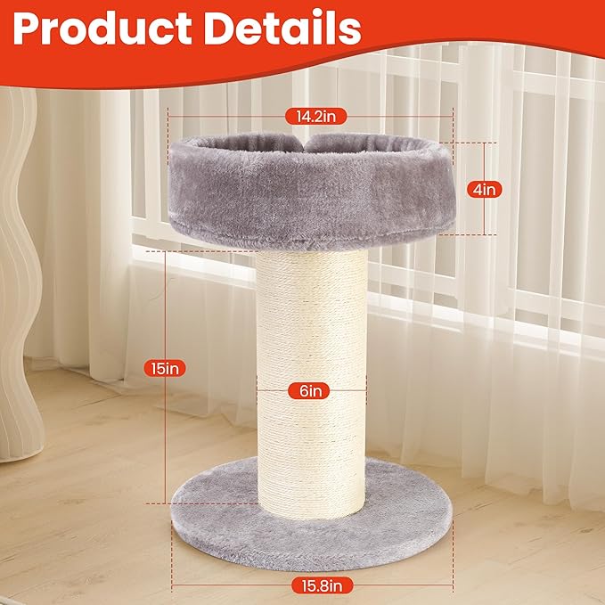 Cat Scratching Post Bed，Tall Cat Scratcher for Indoor Cats with Super Thick Nature Sisal Scratching Post [Dia=6'']， Removable Fluffy Cat Bed for Kitten & Adult Cats (Gery, L)
